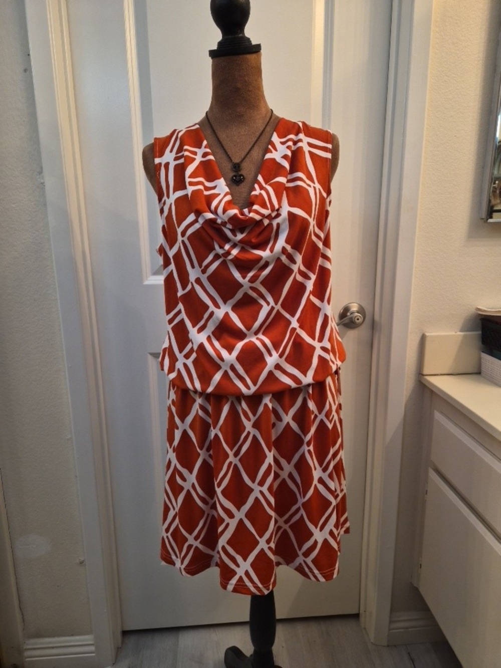 Ellen Tracy Rust & White Patterned Cowl Neck Circle Skirt Dress